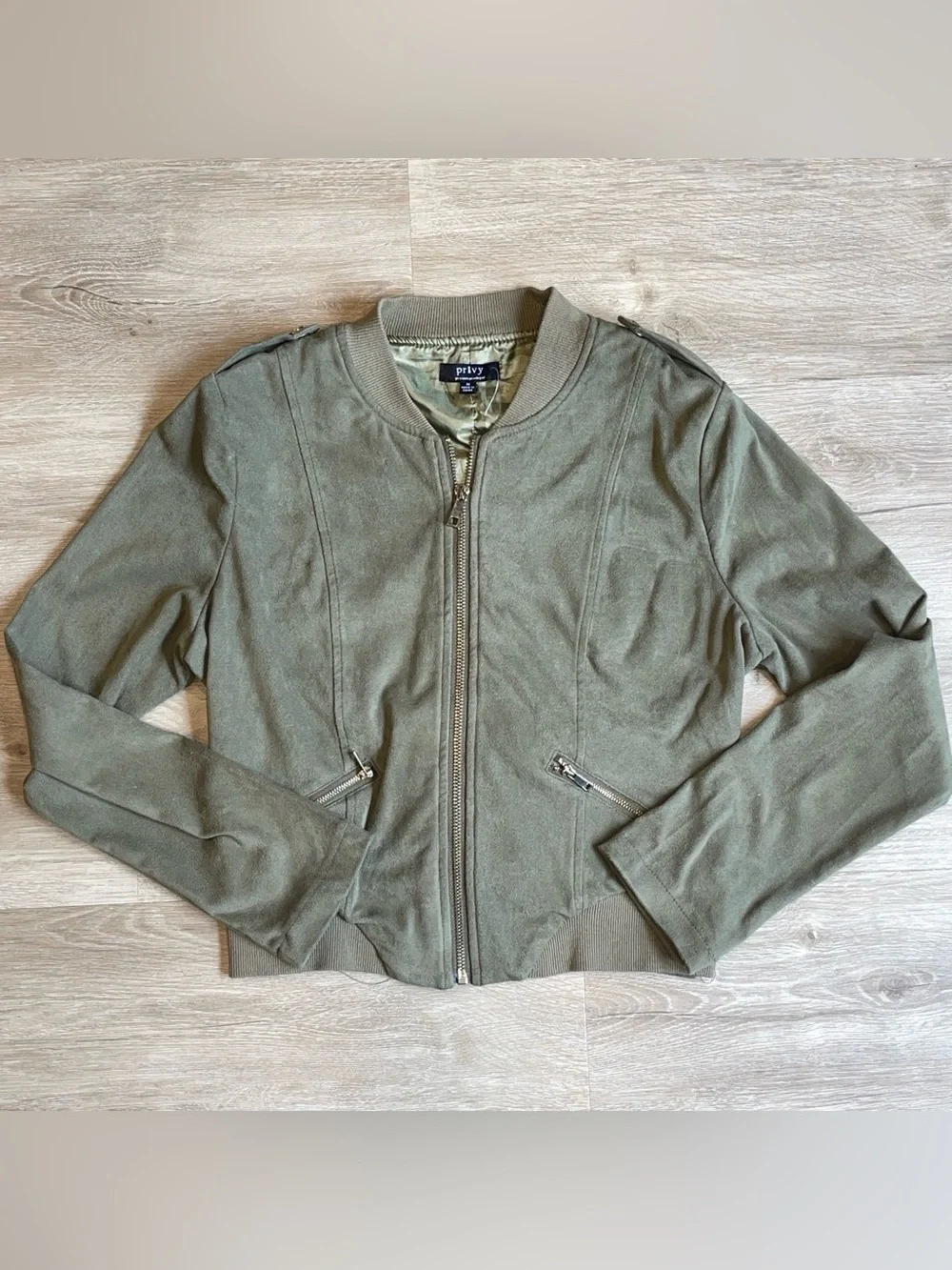 Privy womens bomber jacket M Olive Green faux suede